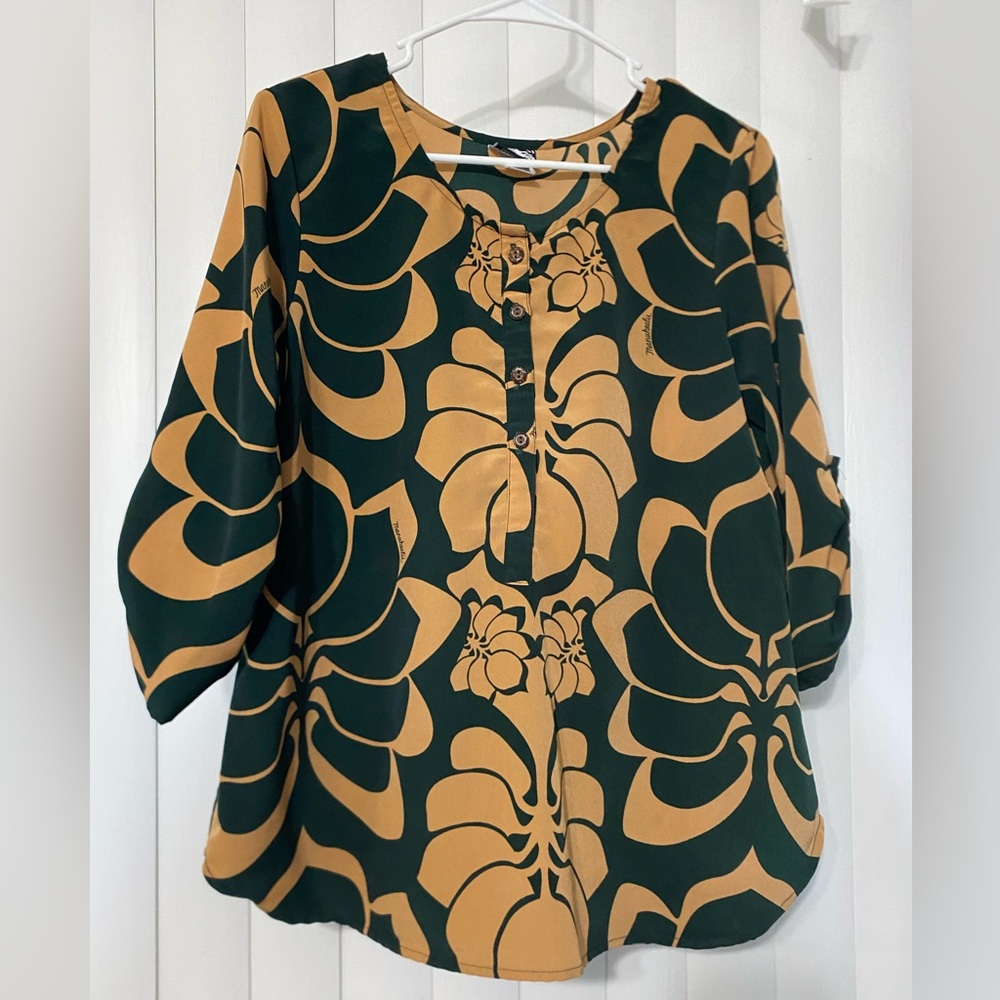 Green & Brown Manuhealii Quarter Sleve Blouse